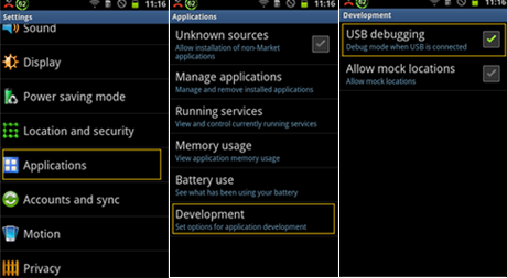 enable USB debugging on Android 2.3 or earlier.